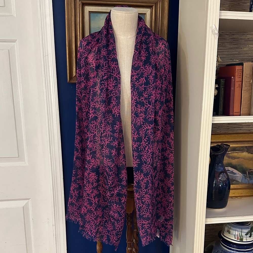 NWT Women's Top it Off Coral Pink & Navy Patterned Scarf 74”
